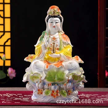 18Inch Jade Portselan Täielik Värvi Istub Lotus Leaf Guanyin Bodhisattva Buddha Kuju Ornament