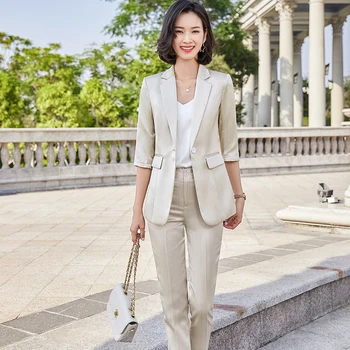 2021 Kevadel Naine Elegantne Naiste Püksid Sobivad Sinise Triibuline Pintsak ja Püksid Äri Jope Office Daam 2 Tükki Set Pluss Suurus