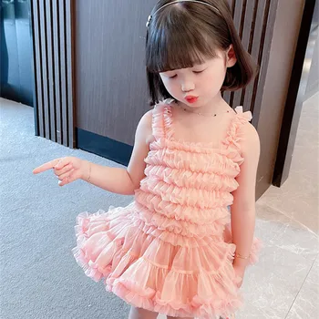 2021 Suvel 1-7Yrs Tüdrukud Võre Kook Kleit korea Fashion Varrukateta Pall Kleit Lapsed Printsess Kleit Laste Riided Sünnipäeva Kleit