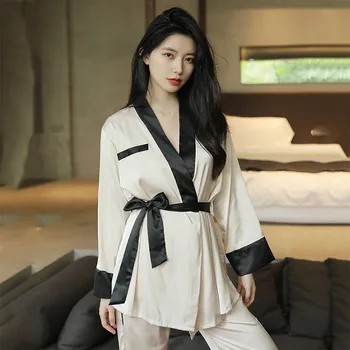 2021 Uus Naiste Pidžaama Komplekt Satiin Siidine Sleepwear Pehme 3TK Rüü Sobiks Kimono Hommikumantel Kleit Femme Pijamas Sobiks Siserõivad