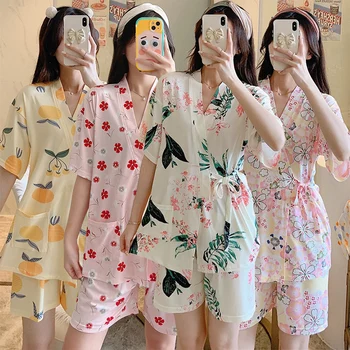 2022 Suvel Lühikesed Varrukad Kimono Püksid Pajama Komplekti Naistele Sleepwear Sobiks Pyjama Siserõivad Homewear Pijama Mujer Kodu Riided