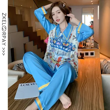 2tk Pikk Pidžaama Komplekt Sleepwear Hubane Nightwear Uus Kevad-Sügis Prindi Õie Pidžaamad Naiste Rayon Silkly Kodu Riided Siserõivad