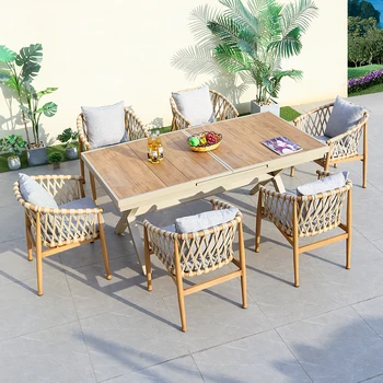 7-osaline Alumiinium woodlike valmis punutud köis väljas patio mööbel käsitöö söögituba komplekt, uus stiil, tool ja laud on kõik ilm