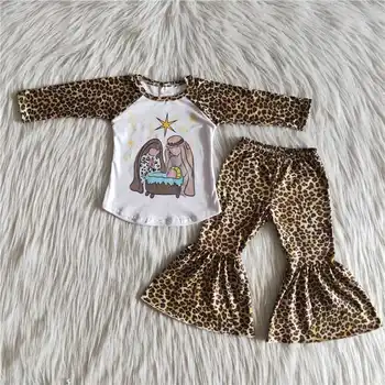 Boutique riided lastele tüdrukute riided Jõulud Jeesuse sündi tshirt tüdruk leopard printida bell bottom komplekt