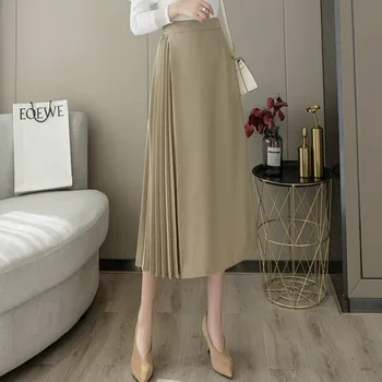 Casual-line Naine Midi Pikk Seelik Elegantne Streetwear Naiste Kevad-Suvine Kõrge Vöökoht Lihtne Khaki Ebaregulaarne Plisseeritud Seelikud Pop