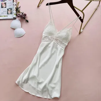Chemise Sleepwear Naiste Nightgowns Satiin Sleepwear Valge Pits Seksikas Kodus Kaste Kleit Õõnes Välja Nightdress Lühike Nightwear