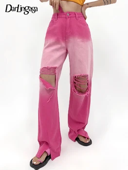 Darlingaga Streetwear Roosa Paela Värvi Gradient Kõrge Vöökoht Naiste Teksad Auk Ripitud Vabaaja Denim Püksid Split Y2K Armas Püksid, Uus
