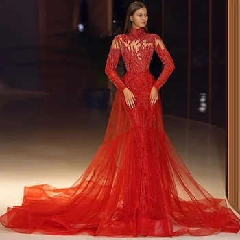 Dubai õhtukleidid Pikk ja Kohus Rongi Luksus Naiste Õhtu Pool Dress Punane Ballile Kleit Pikk Varrukas