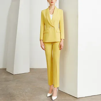 Elegantne office lady kollane pikkade varrukatega topelt karavan bleiser sobiks pant sobib naiste püksid sobib naiste pintsak komplekt
