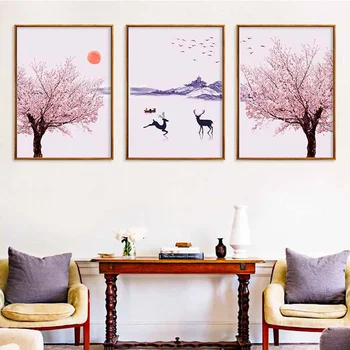 HAOCHU Pehme Tuul Hirv Sakura Lõuendile Maali elutoas Home Decor Maali Prindi Plakat Lihtne Põhjamaade Seina Pilt