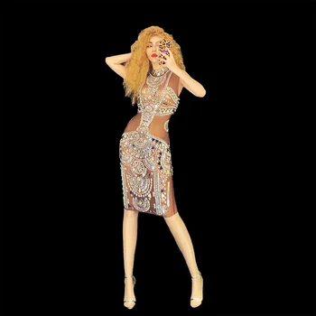 Hõbe Peeglid Rhinestone Läbipaistev Lühike Kleit Õhtul Sünnipäeva Tähistada Silma Naiste Kleit Tantsija Tanssiaiset Kleit