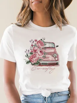 Ilus Lill Roosa Auto Naiste Valge Must T-särk Tüdruk Naljakas Suvi Pehme Y2K Tops Tee Naine Akvarell Graafiline 90s Riided