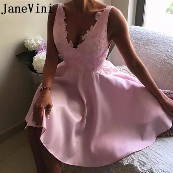 JaneVini vestido corto para graduacion Roosa Pits Koju Kleidid Tüdrukute Lühike Appliques Satiin Joon Ametlik Korda Kleit