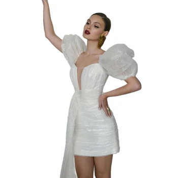 Kaasaegne Mini Glitter Ehitud Valge Pulm Kleit Maha Õlad Puhvis Lühikesed Varrukad Naiste Suvi Lühike Mantel Pulmapidu Kleit