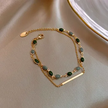 Korea Double Layer Ovaalne Roheline Kivi Crystal Pärlitest Käevõru Naistele Ehted Vintage Charm Käevõru Käevõrud