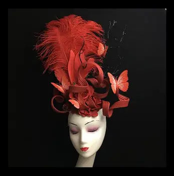 Käsitsivalmistatud Luksuslik Punane Sulg Liblikas Tutt Peakatet, Hiina Punane Lill Sulg Peakatet Tulemuslikkuse Müts