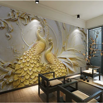 Minimalistlik Kerge Luksuslik 3D-kolmemõõtmeline Reljeef Golden Peacock Siseruumides taustapildina Seinamaaling