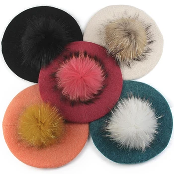 Mood Baretid Müts (Solid Color Slouchy Talvel prantsuse Stiilis Kapott Mütsid Tüdrukutele Naiste Lady Naiste Täiskasvanud, Kellel on Tõeline Karusnaha Tutt