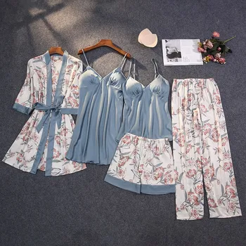 Naiste 5 tk Pidžaama Set Print Satiin Sleepwear Seksikas Kleit Kleit Siserõivad koos Vöö Rinna Padjad Nightwear Pyjama Homewear