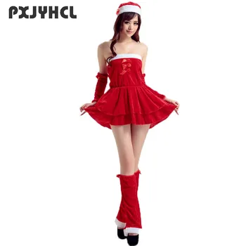 Naiste Cosplay Jõulud Kostüüm Uus Aasta Tants Sexy Lühike Punane Kleit Määrata Täiskasvanud Olkaimeton Santa Claus Ühtne Naine Uhke Kanda