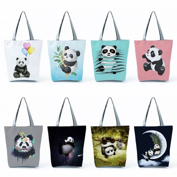Naiste Eco Korduvkasutatavad Vabaaja Ostukott Cute Cartoon Panda Trükitud Suure Mahutavusega Käekotid Õla Kott Kott Kohandatud Muster