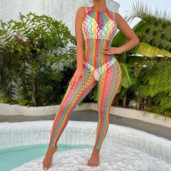 Naiste Keha Parempidises Bodysuit Võrk Sleepwear Pesu Reie-Tõusud Kombekas Avatud Jalgevahe Rainbow Värvi Erootiline Õõnes Bodycon