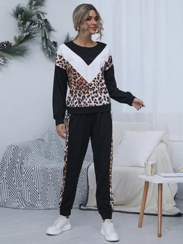 Naiste Leopardi Varustus Hupparit Pleisse Leopard Vabaaja Ülikond Naiste Dressipluus Tops Pikad Püksid Spordidressid