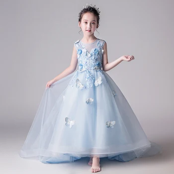 Pikk Trailing Tüdruk Pulm Kleidid Elegantne Sinine Tülli Beaded Õie Esimene Õhtusöömaaeg Kleit Lapsed Õhtul Ametliku Princess Tutu Kleit