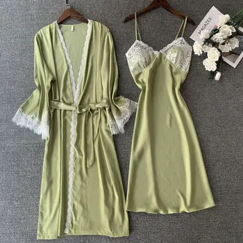 Pitsi Satiin Segast 2TK Kimono Hommikumantel Set Vabaaja Suvel Uus Nightwear Intiimne Pesu Seksikas Roheline Nightgowns Kodu Riided