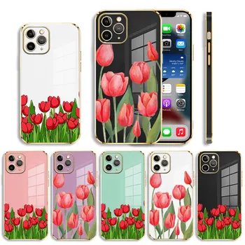 Plating Telefon Case For iPhone 14 13 12 11 Pro Max Mini X-XR, XS Max 7 8 6 6s Plus SE Kest, Roosa Punased Tulbid Ilus Lill
