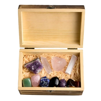 Premium Klassi Ja Tervendav Kivid Puidust Display Box - 7 Kukkusid Tšakra Vääriskivide Ametüst Crystal Obsidian Kingitus Komplekt