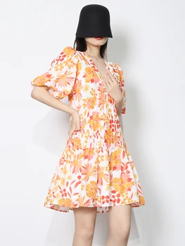 Prindi Lilleline Puhvis Varrukatega Naiste Kleit V Kaelus Valge/Oranž Mini Kleidid Hip-Hop Naine Korea Fashion Clothing