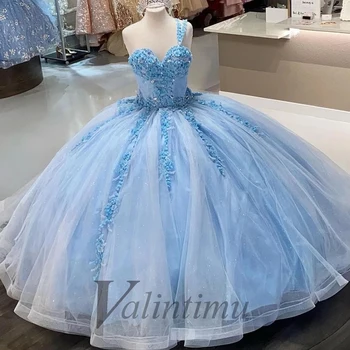 Quinceanera Taevas Sinine Kullake Printsess Üks Õlg Crystal Õhtu Poole Kleit-Line Custom Made Riideid De Soirée Ametlikule Ballile