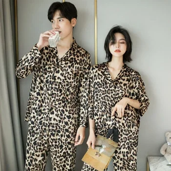 QWEEK Silk Nagu Pidžaama Naiste Leopard Printida Seksikas Sleepwear Paar Pijamas Sügisel Kahe-osaline Komplekt, Pidžaamad Pikad Varrukad Loungwear Pjs
