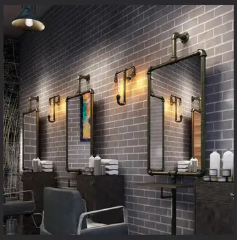 Retro tööstus-stiilis barber salon peegel seista vee toru raud salong soeng korrusel paigaldatud topelt ühe peegel