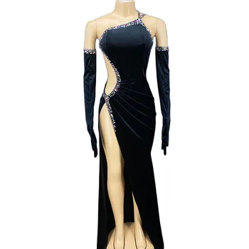 Rhinestone Naiste Sexy Black Velvet, Seest Õõnes Kõrge Split Pikk Kleit Ja Kindad Komplekt Laulja Etapp Kandma Kostüümi