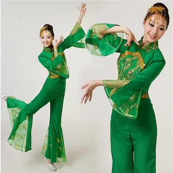 roheline fänn tantsu kostüümid naiste roheline yangko tants Hiina klassikalise tantsu riided rahvatantsu staadiumis täitmiseks kostüümid