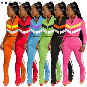 Ronikasha 2 Töö Rõivad Naistele Värvi Plokk Pikkade Varrukatega Full Zip Sweatsuit kraega Pikad Püksid, millel on Taskud Komplekt