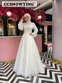 Sifonki Appliques Beaded Pikk Varrukas Moslemi Pulmad Kleidid, Kõrge Kaeluse Islami Hijab Pruudi Kleit Araabia Dubai Vestidos De Novia