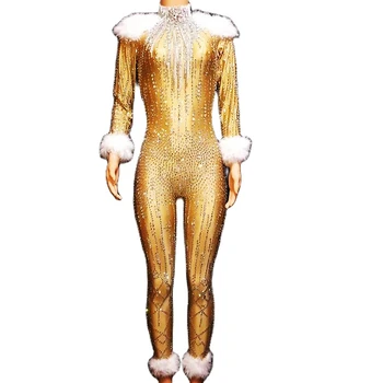 Särav Rhinestone Kuld Seksikas Naiste Jumpsuits Masti Klubi Tantsu-Etapil Kostüüm Valge Suled Partei Riided Rave Drag Queen Kanda
