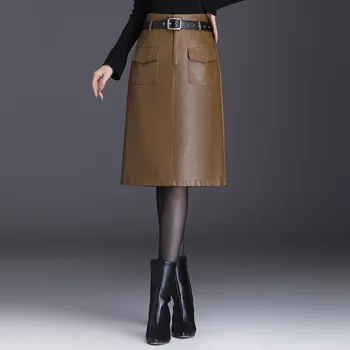 Sügis-Talv Kõrge Vöökoht PU Nahast Seelik Naiste Vintage Elegantne Slim Vabaaja põlvikud Bodybon Seelikud Office Lady Briti