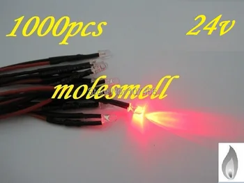 Tasuta kohaletoimetamine 1000pcs 3mm punane Värelus 24V Pre-Wired Vesi Selge LED Led Küünal Kerge 20CM