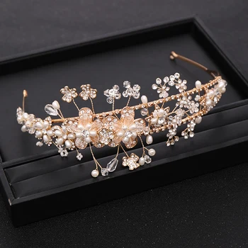 Trendikas Pruudi Headdresses Golden Flower Tiara Rhinestone Crystal Pearl Crown Pulm Tiara Printsess Partei Peapael Tarvikud