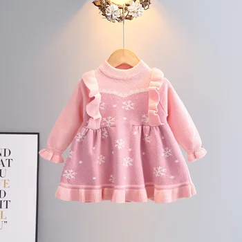 Tüdrukute Kampsun Kleit 2021 Kevadel Lapsed Teise Lapse Fashion Korea Versiooni Lill Kootud Kleit Tüdruk Pool Puuvill Plus Velvet Riided