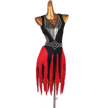 Uus Ladina Tantsu Kleit Konkurentsi Dress Kostüümid Seelik Sooritades Kleit Kive Täiskasvanud Kohandada Laste Fringed Red Seelik