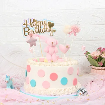 Uus Roosa Karu Pulmi Cupcake Torukübar Riie Tähed Süda Crown Happy Birthday Cake Torukübar Tüdruk Sünnipäev Kook Dekoratsioonid