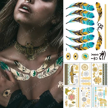 Veekindel Ajutine Tätoveering Kleebis Metallik Kuld, Hõbe Silma Sulg Flash Tätoveering Naine Egiptuse Jumalanna Käe Body Art Võltsitud Tatto