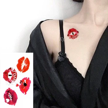 Veekindel Ajutine Tätoveering Kleebis, Millel Punane Suu Kiss Sõnad Südame Mustriga Body Art Võltsitud Tatto Flash Tatoofor Tüdruk Mehed Naised