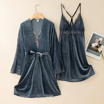 Veluur Twinset Rüü Ülikond Naiste V-Kaelusel Pits Sleepwear Nightgowns 2TK Magada Set Sügisel Uus Velvet Kimono Hommikumantel Kleit Siserõivad