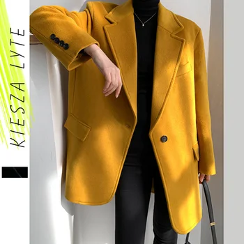 Villane jakk daam, 2022 uus talv kollane villane mantel